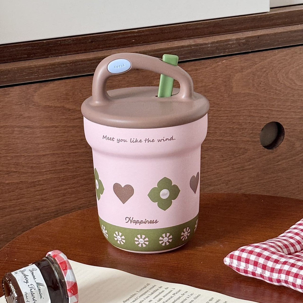 Women’s BPA-Free Plastic Water Bottle with Carry Handle and Integrated Straw Floral Design