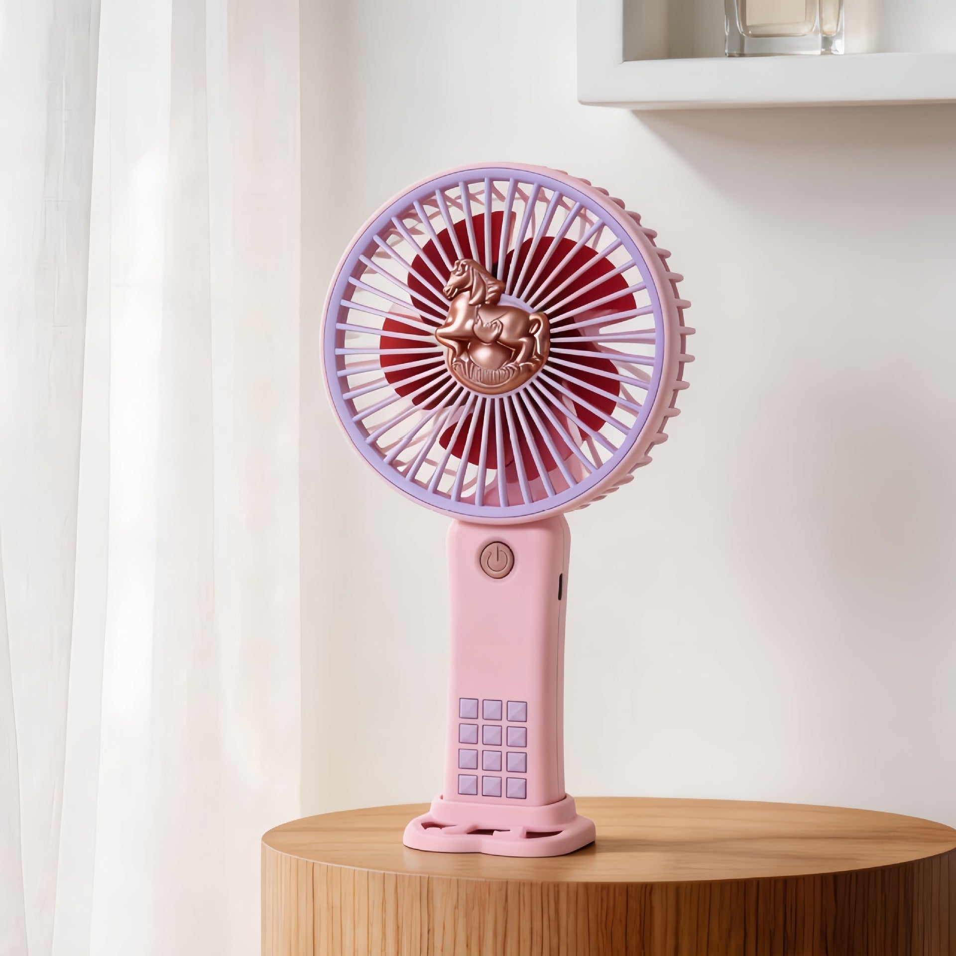 Portable Rechargeable Hand Fan for Women with Playful Horse Motif Multiple Speeds Compact Design