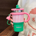 Insulated BPA-Free Plastic Water Bottle with Ergonomic Handle Checkered Design for Women