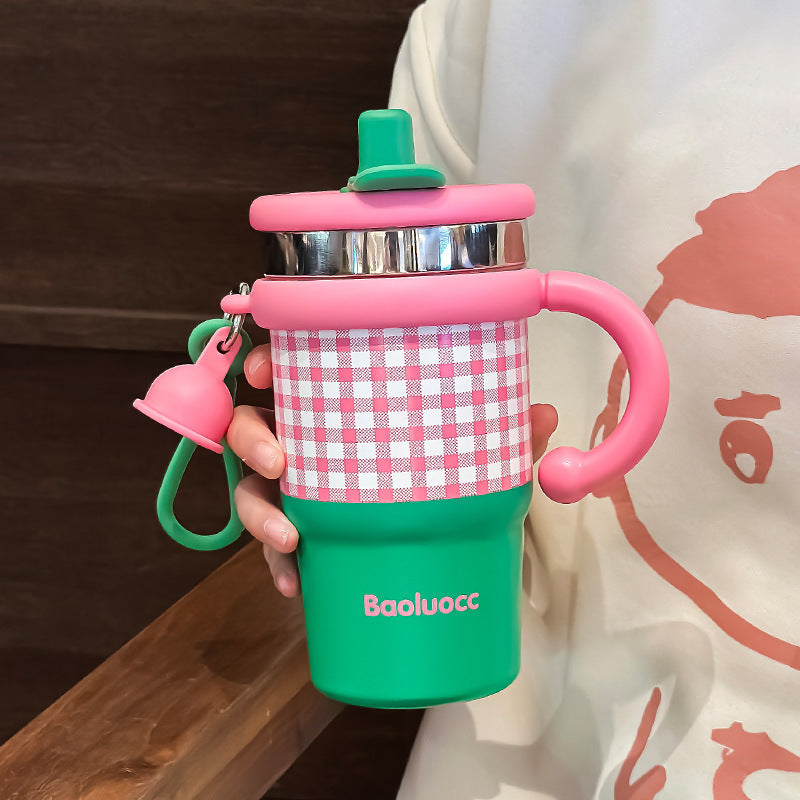 Insulated BPA-Free Plastic Water Bottle with Ergonomic Handle Checkered Design for Women