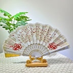 Women Folding Hand Fan Embroidered Pink Fabric and Wood Portable Accessory