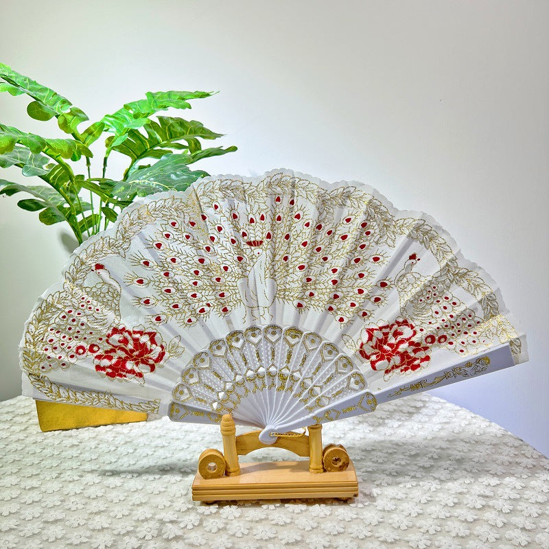 Women Folding Hand Fan Embroidered Pink Fabric and Wood Portable Accessory