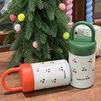 Insulated Plastic Drinking Cup with Cherry Design Leak-Proof Lid and Carry Handle for Women