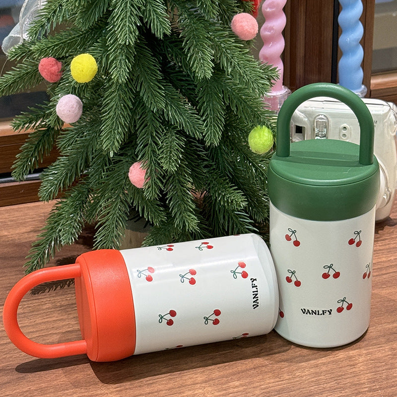 Insulated Plastic Drinking Cup with Cherry Design Leak-Proof Lid and Carry Handle for Women