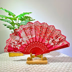 Women Folding Hand Fan Embroidered Pink Fabric and Wood Portable Accessory