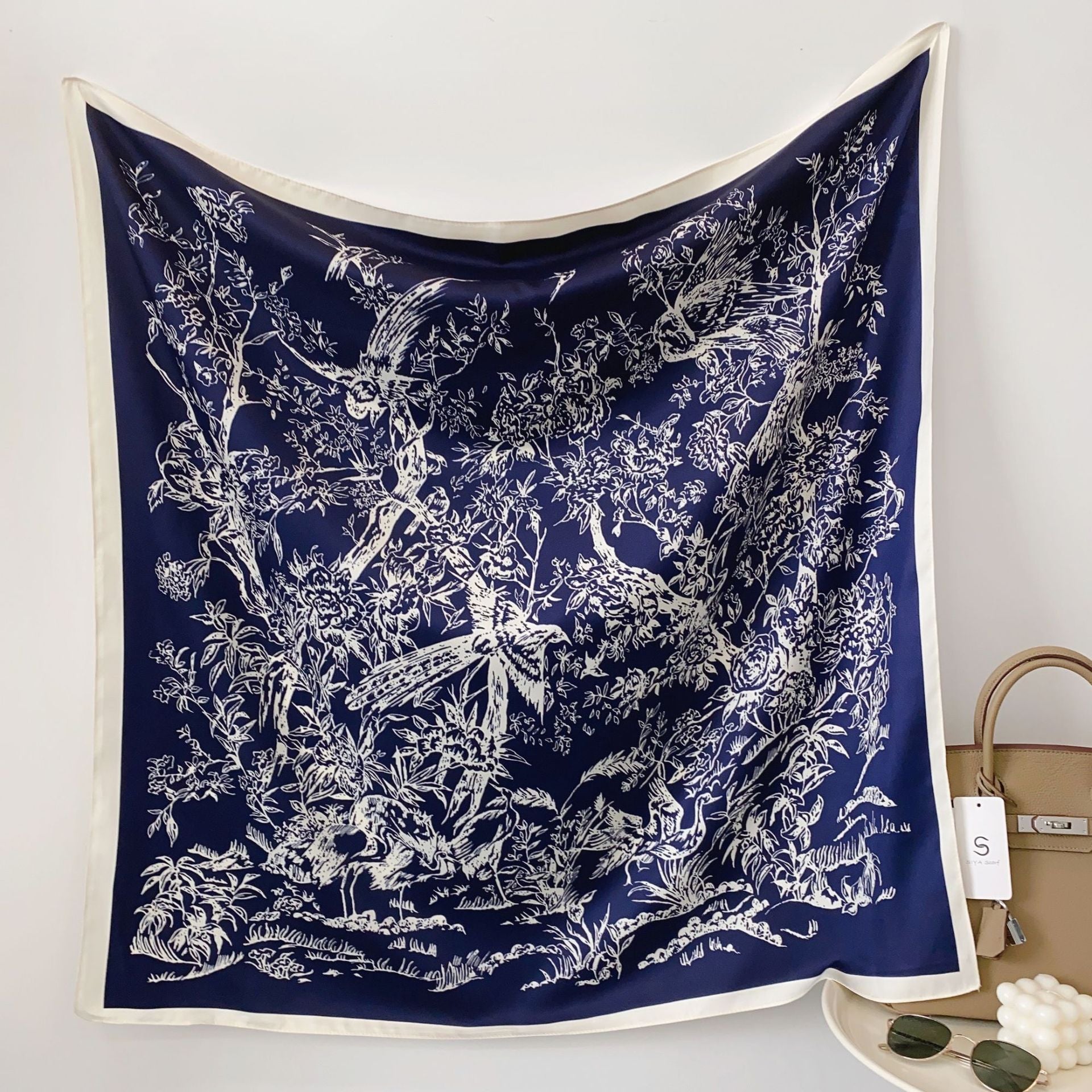 Women's Silk Scarf Botanical Pattern Soft Lightweight Elegant Neck Scarf Hairband Accessory