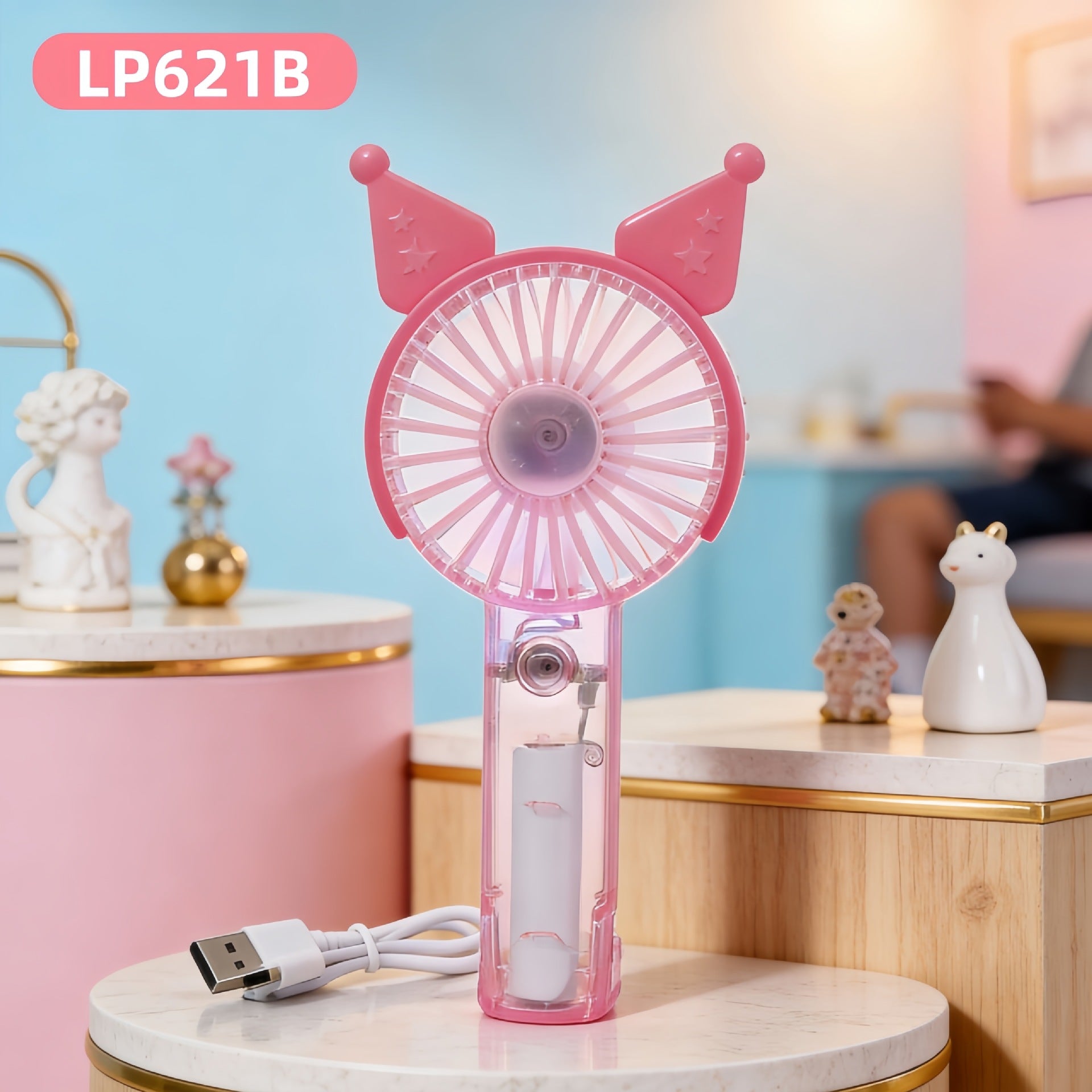 Portable USB Mini Hand Fan Rechargeable Quiet Motor LED Light Bear Ears Design