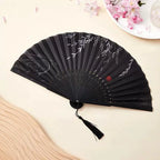 Handmade Bamboo Folding Fan Women’s Hand-Painted Willow Pattern Decorative Tassel