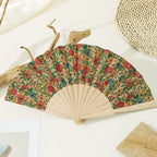 Women's Handmade Wooden Fan with Floral Motifs Elegant Fabric Folding Fan