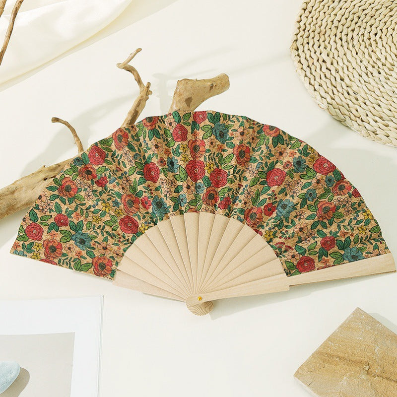 Women's Handmade Wooden Fan with Floral Motifs Elegant Fabric Folding Fan