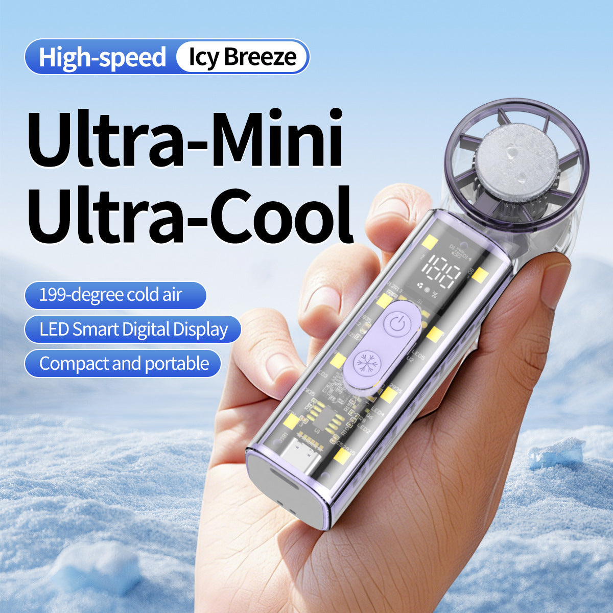 Portable Mini Fan with Transparent Housing LED Display Lightweight Compact