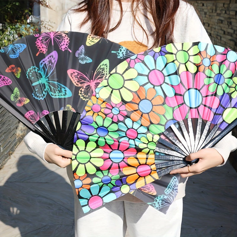 Ladies Folding Fan Colorful Butterfly and Lip Print Motif Lightweight Accessory