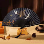 Hand-Painted Crane and Plum Blossom Fan with Carved Wooden Ribs and Silk Tassel, One Size