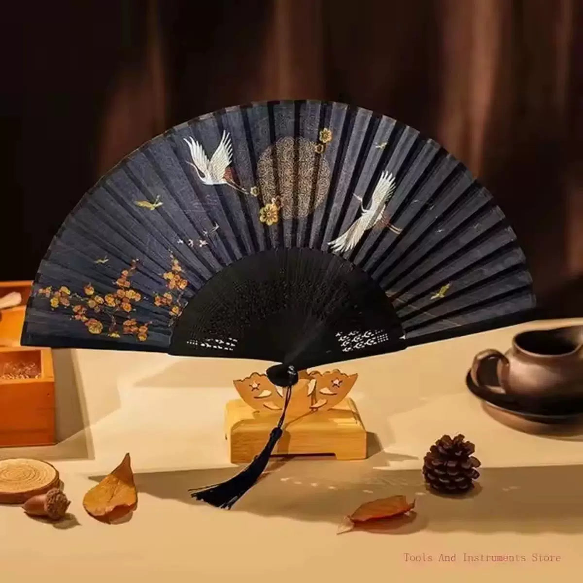 Hand-Painted Crane and Plum Blossom Fan with Carved Wooden Ribs and Silk Tassel, One Size