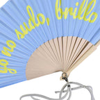 Ladies Designer Hand Fan Bamboo Frame Personalized Inscription Blue Yellow