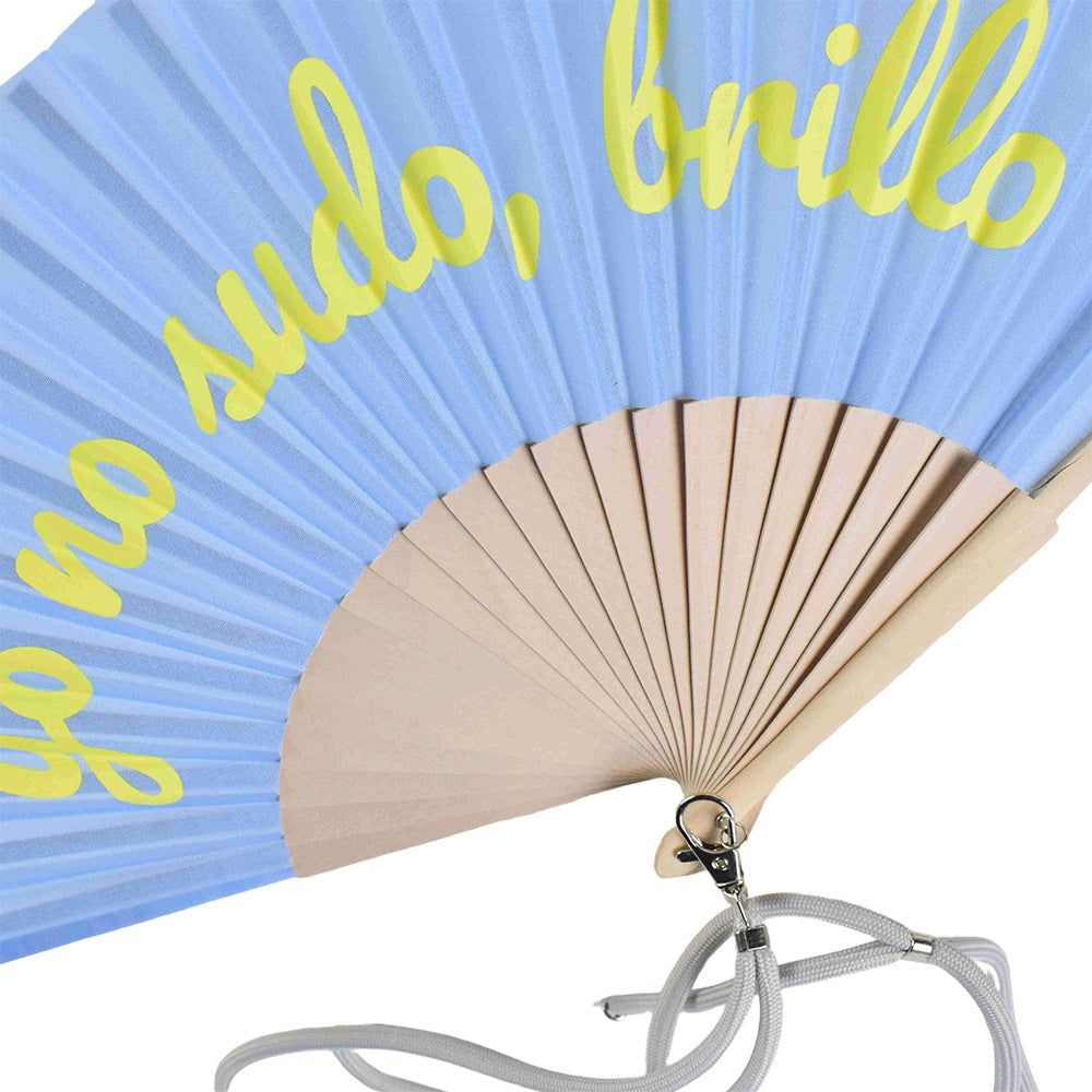 Ladies Designer Hand Fan Bamboo Frame Personalized Inscription Blue Yellow