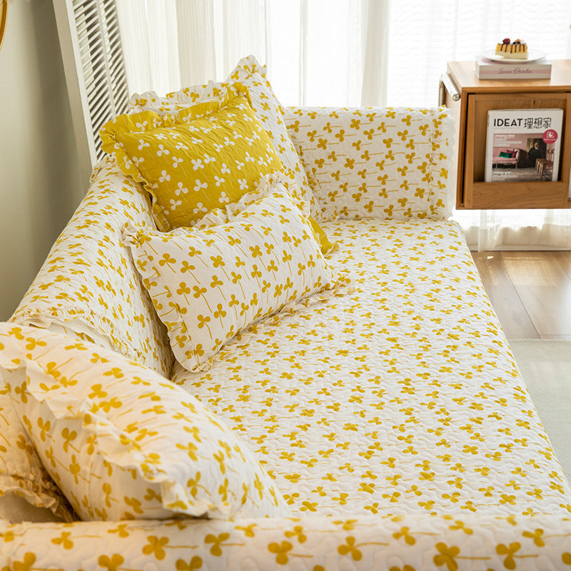 Ladies Sofa Throw Cotton Cover with Yellow White Floral Pattern and Cushions