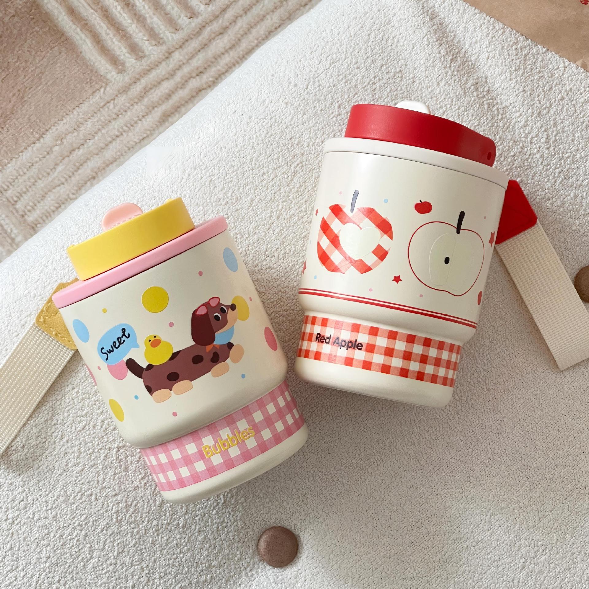 Ladies Insulated Travel Mug with Cheerful Apple Design Leak-Proof Hot Cold Cup