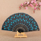Handmade Ladies Fan Black Fabric Wood Blue Floral Embroidered Design