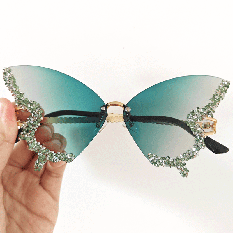 Women’s Butterfly Sunglasses with Sparkling Stones Green Accents UV Protection Lightweight