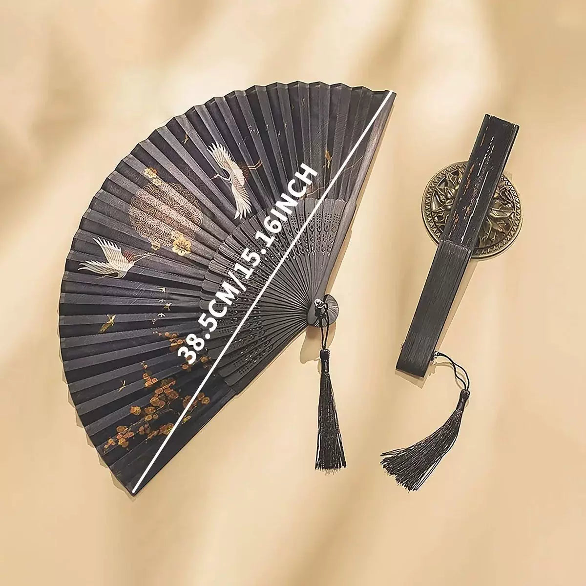 Hand-Painted Crane and Plum Blossom Fan with Carved Wooden Ribs and Silk Tassel, One Size