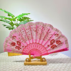 Women Folding Hand Fan Embroidered Pink Fabric and Wood Portable Accessory