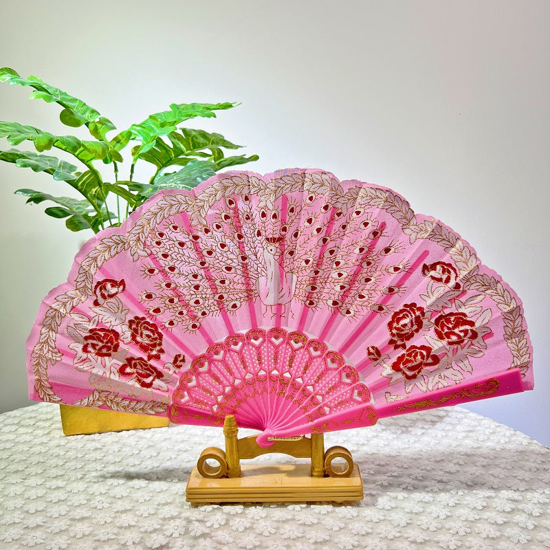 Women Folding Hand Fan Embroidered Pink Fabric and Wood Portable Accessory