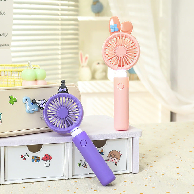 Portable Handheld Fan with LED Light and Animal Ear Design USB Rechargeable Quiet Operation