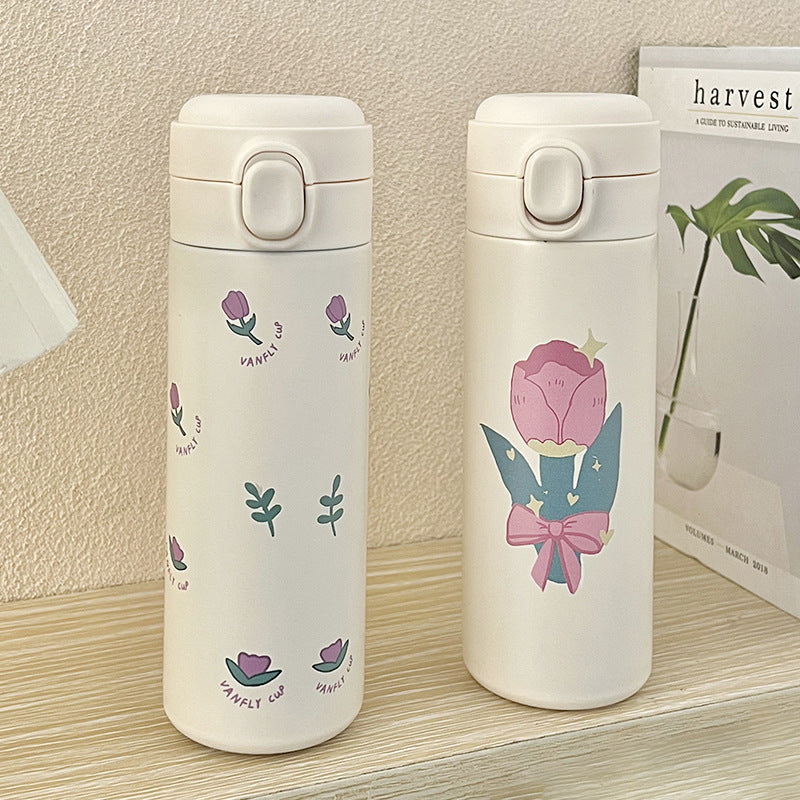 Women's Insulated Stainless Steel Water Bottle Leak-Proof Flip Top Floral Design