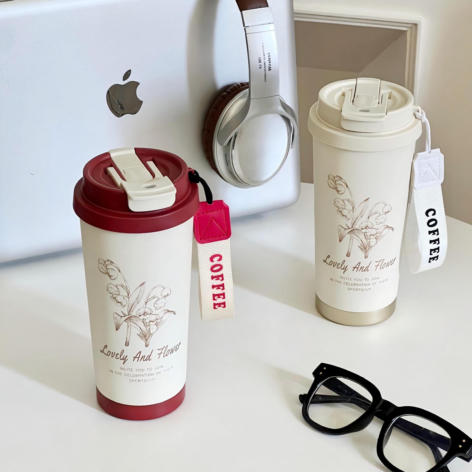 Women Travel Mug Insulated Stainless Steel Leak-Proof with Elegant Floral Illustration
