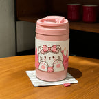 Women's Insulated Plastic Coffee Mug Double-Walled Flip Lid Cute Rabbit Design