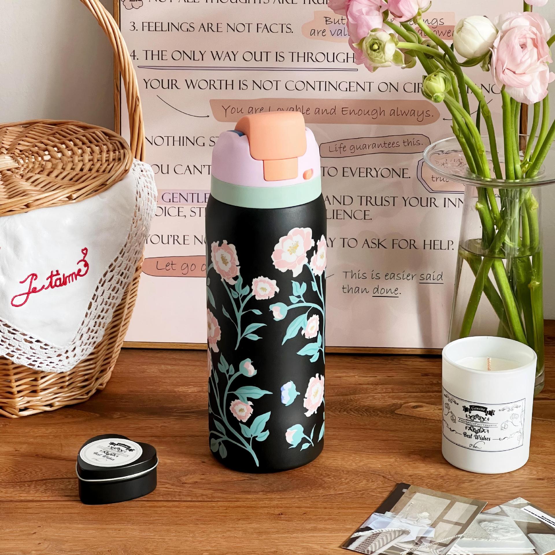 Insulated Water Bottle Double-Walled Leak-Proof Floral Design BPA-Free for Women