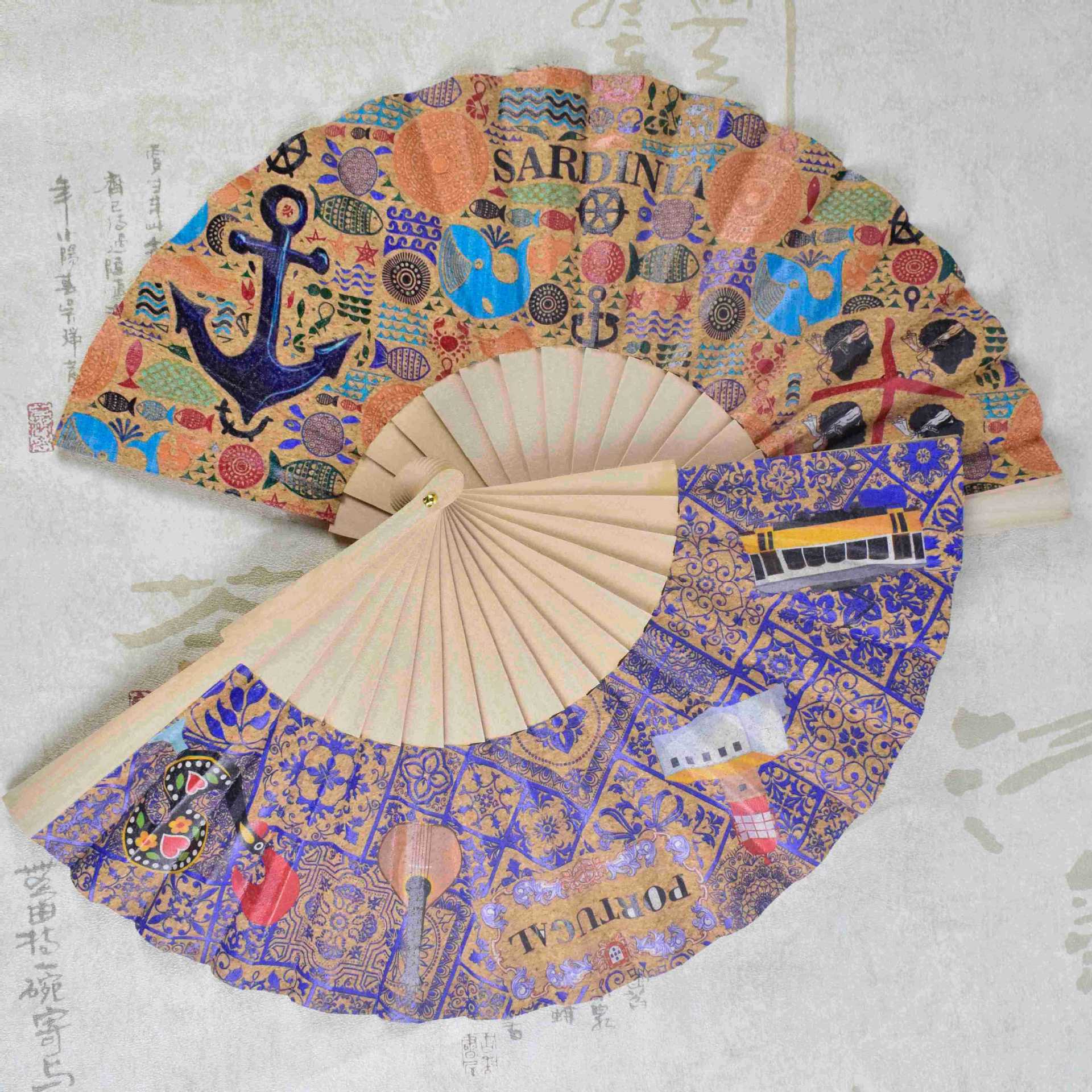 Unisex Paper Fan With Wooden Frame Portuguese Design Portable Handheld Fan