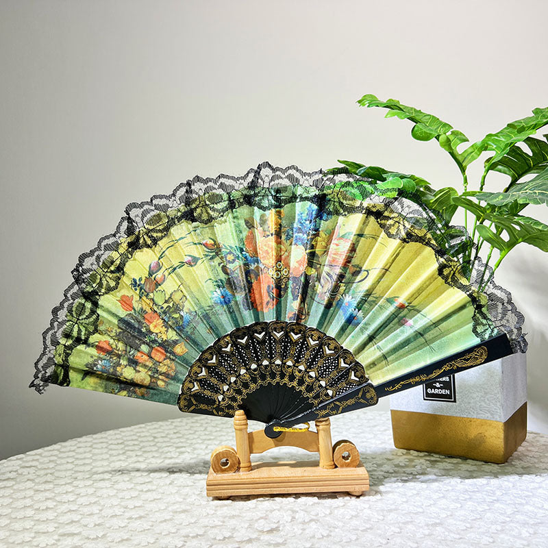 Ladies Elegant Hand Fan Floral Design Lace Edges Compact Lightweight