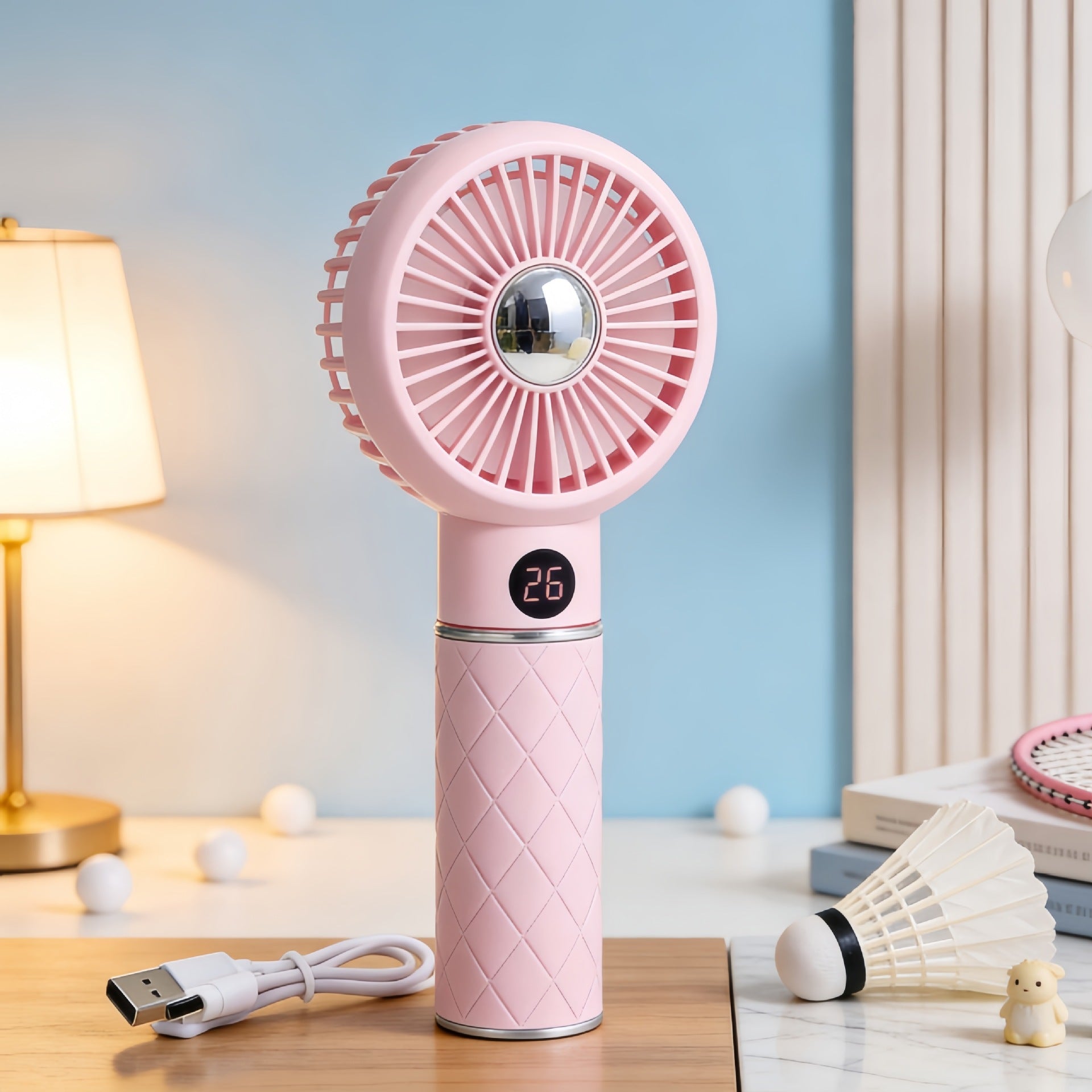 Women Portable Hand Fan with Digital Speed Display and Bear Design USB Rechargeable