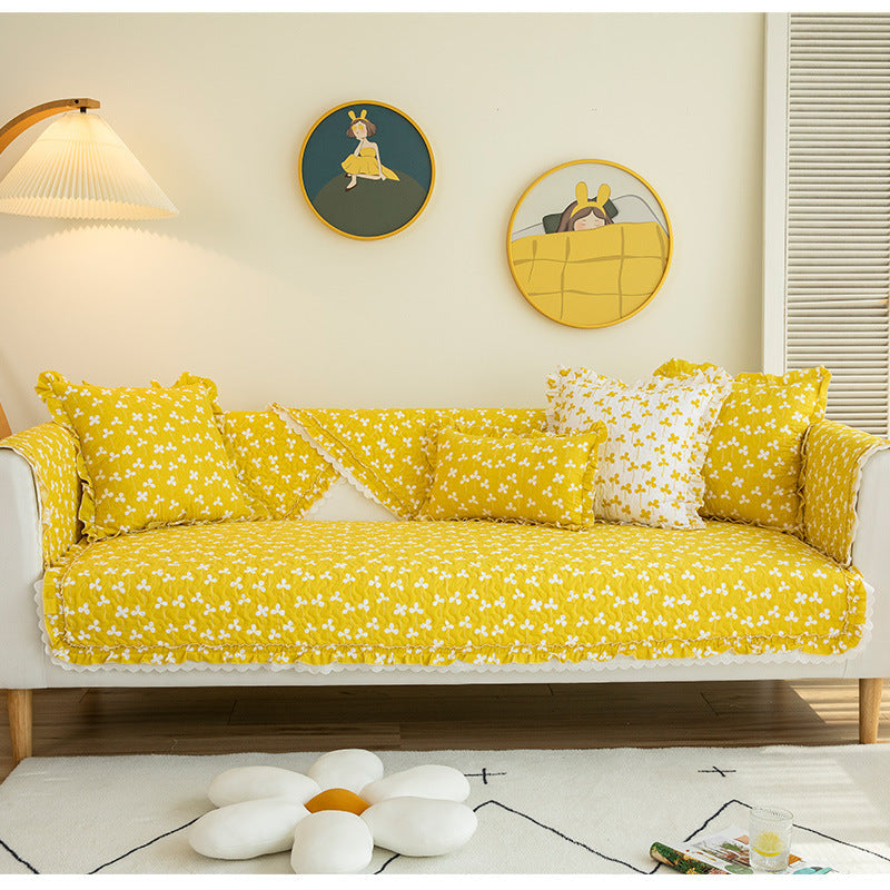 Ladies Sofa Throw Cotton Cover with Yellow White Floral Pattern and Cushions