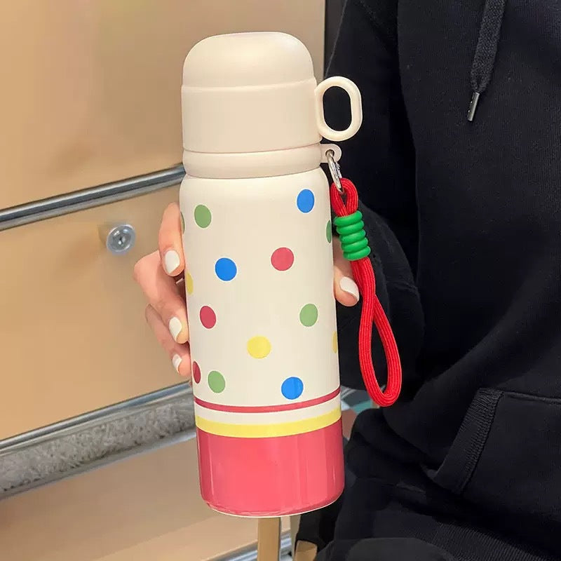 Insulated Stainless Steel Water Bottle with Colorful Polka Dot Pattern for Women