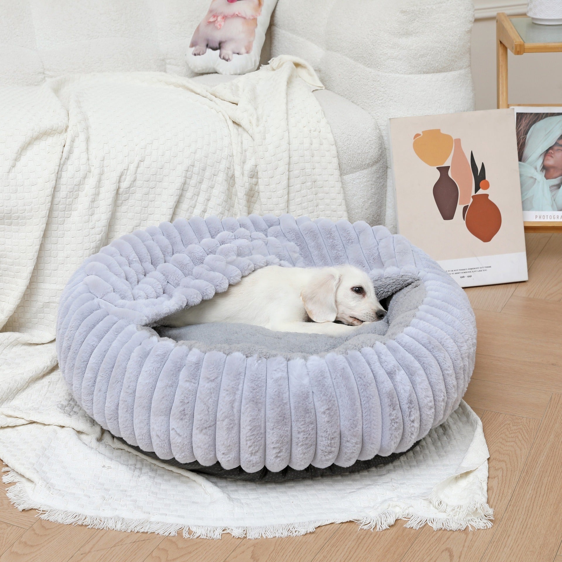 Round Pet Bed with High Edge Soft Cozy Washable Non-Slip Bottom for Dogs Cats