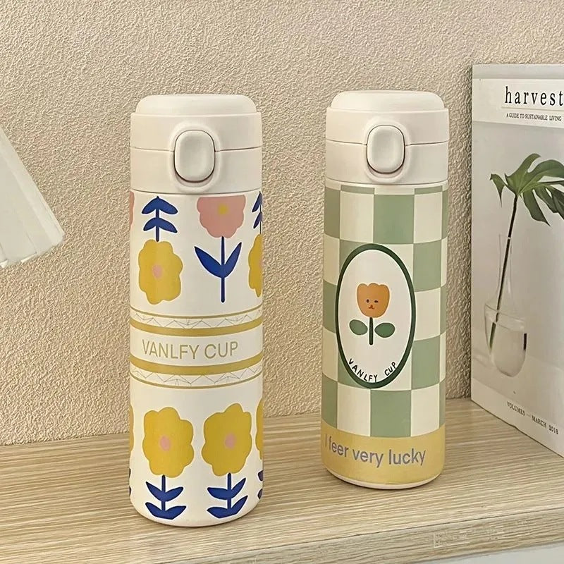 Women Stainless Steel Insulated Water Bottle 12-Hour Temperature Retention Floral Design Leak-Proof Lid
