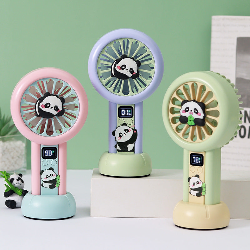 Portable Handheld Fan Panda Design Digital Speed Display Battery Powered