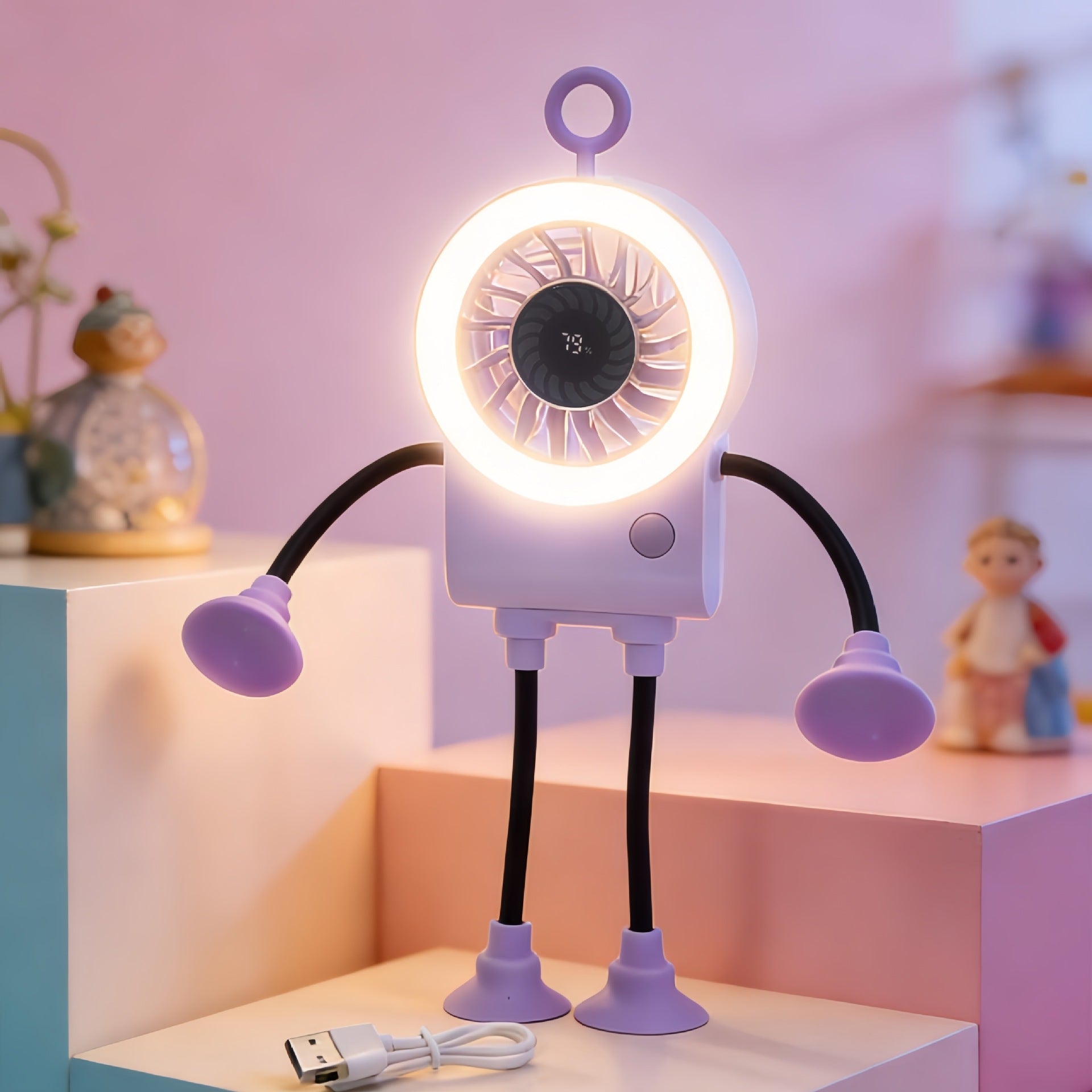 Creative Table Fan with LED Light and Ergonomic Flexible Legs Compact Portable Cooling Fan for Desk or Nightstand