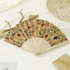 Women's Handmade Wooden Fan with Floral Motifs Elegant Fabric Folding Fan