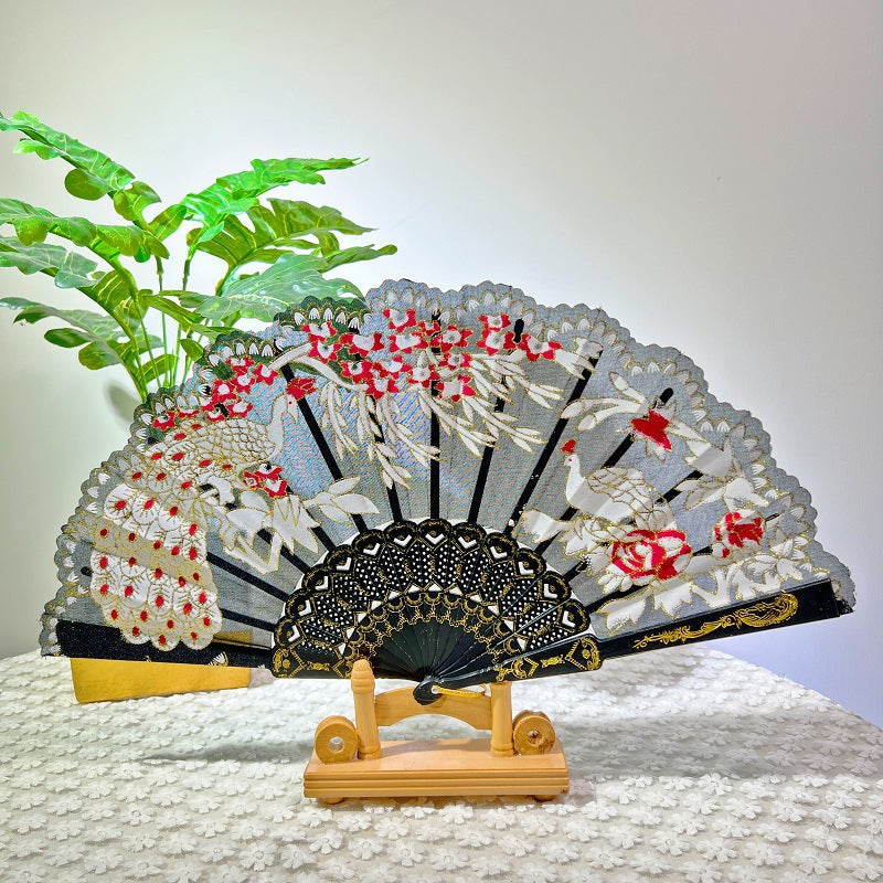 Women Folding Hand Fan Embroidered Pink Fabric and Wood Portable Accessory