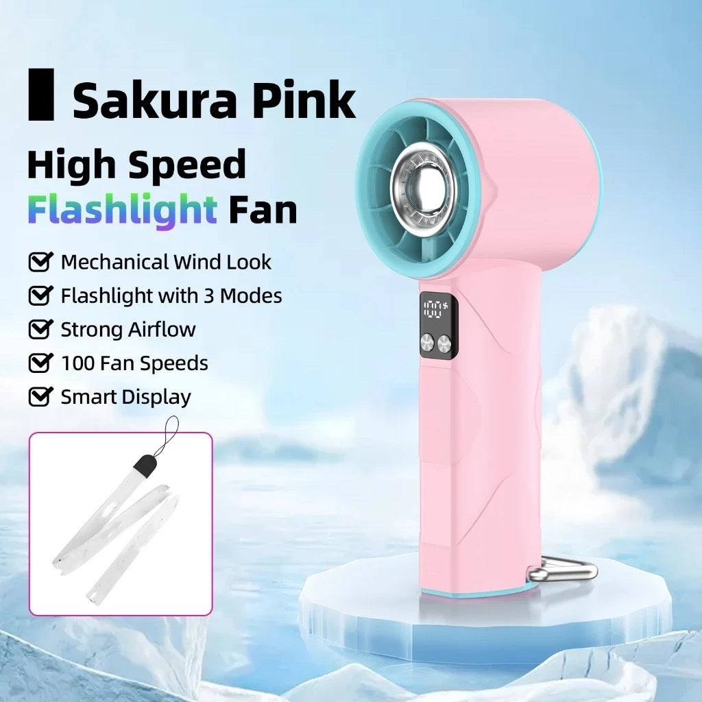 Portable High-Speed Fan with Flashlight 100 Speeds Sakura Pink Compact