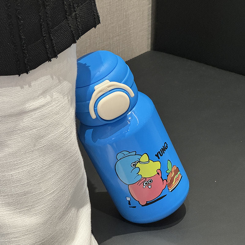 Women's Stainless Steel Water Bottle 500ml Leak-Proof Blue with Cartoon Design