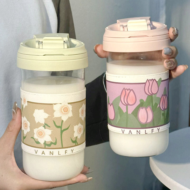Ladies Insulated Drinking Cup with Floral Pattern Silicone Lid Flip-Top Spill Proof