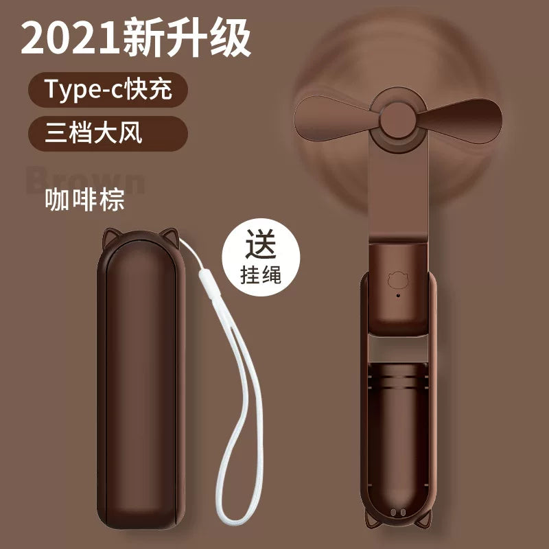 Foldable Rechargeable Mini Handheld Fan with Power Bank USB-C USB-A Ports and Wrist Strap