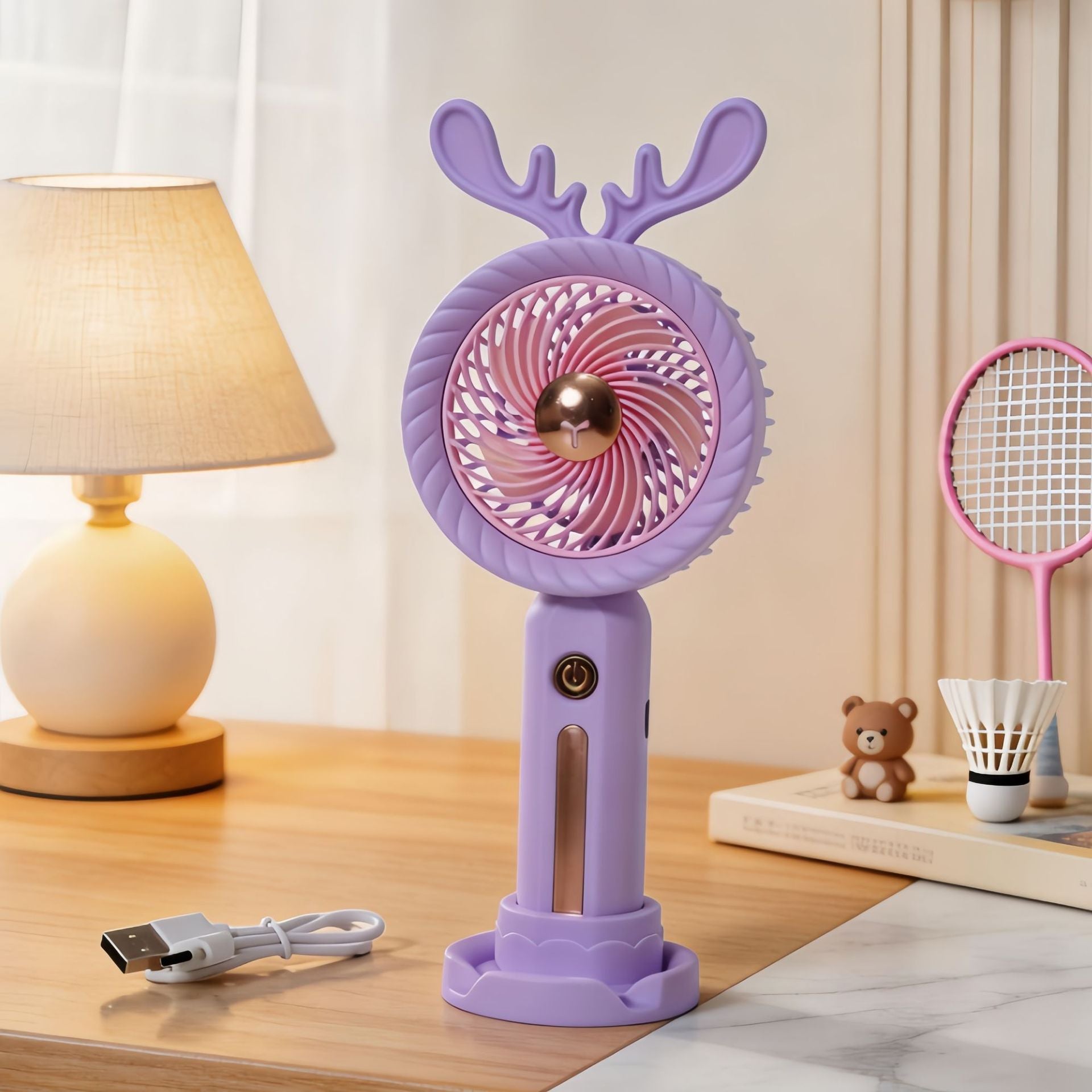 Portable Handheld Fan with Antler Design USB Rechargeable 5-Speed Compact Quiet Fan for Women