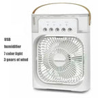 USB Humidifying Portable Fan with 3 Speeds, 7-Color Mood Light, Removable Water Tank, Carry Handle