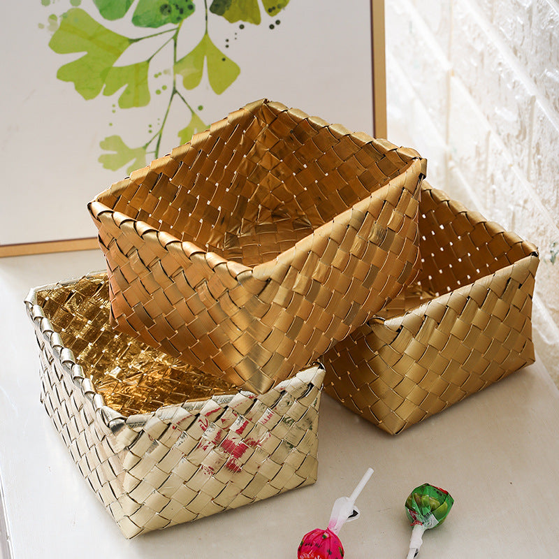 Unisex Decorative Storage Container with Hand-Woven Golden Surface Compact Organizer Box 17x14x9 cm